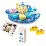 Fisher-Price Musical Tea Set with Haba Soft Petit Fours Set of 9 Desert Toys, Cheese Wedges, and Milk Carton Bundle