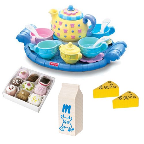Fisher-Price Musical Tea Set with Haba Soft Petit Fours Set of 9 Desert Toys, Cheese Wedges, and Milk Carton Bundle