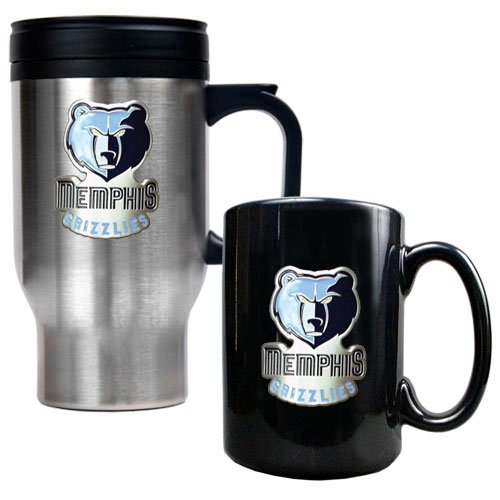 Memphis Grizzlies NBA Stainless Steel Travel Mug & Black Ceramic Mug Set - Primary Logo