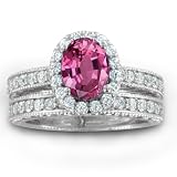 Vintage Inspired Natural Pink Sapphire Diamond Engagement Wedding Ring Bridal Set in Platinum Halo Ring (G, SI1, 1.74 cttw), 7x5mm, Certified Vintage Inspired Natural Pink Sapphire Diamond Engagement Wedding Ring Bridal Set in Platinum Halo Ring (G, SI1, 1.74 cttw), 7x5mm, Certified