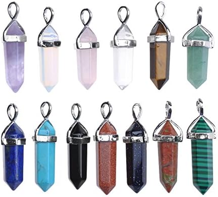 Xiufen Lots Mixed Natural & Synthetic Gemstone Reiki Healing Point Hexagon Prism Pendants (13pcs Set3)