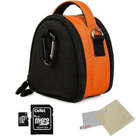 ORANGE GRAY Mini Slim Compact Protective Travel Digital Camera Carrying Case with Accessory Compartment For Sony Bloggie Duo / 3D / Touch Point And Shoot Digital Camera + Includes a 4GB Micro SD Card with SD Adaptor + Includes a Universal Anti-Glare Screen Protector Guard