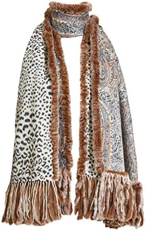 Belle Fare Cashmere & Rabbit Fur Trim Cheetah Animal Print One Size Wrap - Ivory