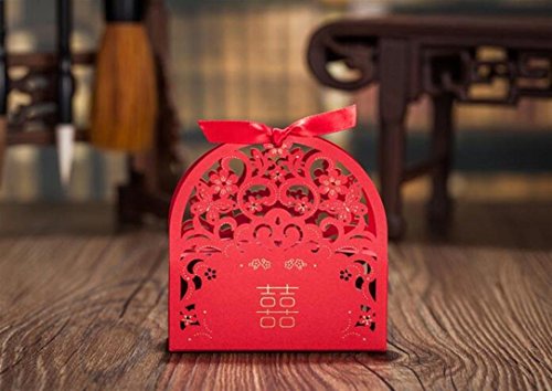 Finex® 100 pcs Premium Korean Wedding Design *Red Traditional Double Happiness with Butterflies & Flowers* Party Favors Candy Boxes w/ Pre-cut Ribbons *Hollow Carved Laser Die Cut Gold Foil Embossing*