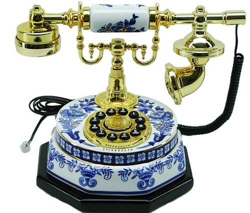 Antique Style Old Phone with French Rotary Dial, with White and Blue Fine Porcelain