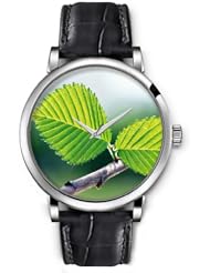 SPRAWL Aanalog Fashion Series Silver Ladies Watches of Genuine Black Leather Strap,Unique Wrist Watch for Women Girls Designed with green leaves