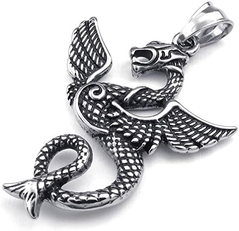 Mygoodie Jewelry Mens Biker Gothic Dragon Stainless Steel Pendant Necklace, Black Silver, 18-26 inch Chain