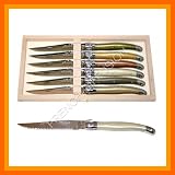 LAGUIOLE Dubost - 6 STEAK KNIVES in HEAVIER 25/10 - soft dark multi rainbow colors (OLIVE - GREEN - PEARL - BROWN - CARAMEL - MASTIC) - authentic French quality table cutlery/flatware setting for 6 people - dishwasher safe - direct from FRANCE