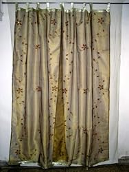 2 Organza Olive Gold Floral Mirror Embroidered Sari Curtains Panel