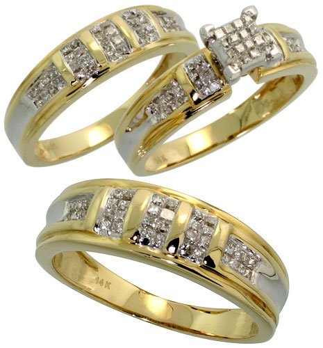 14k Yellow Gold Trio 3-Piece His (7mm) & Hers (5mm; 6mm) Wedding Band Set, w/ 1.10 Carats Invisible-set Diamonds; (Men's Size 9 to 12; Ladies' Size 6 to 8)