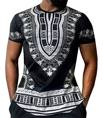 Makkrom Men's African Dashiki Printed Tops T Shirts (X-Large, Black)