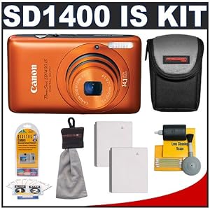 Canon PowerShot SD1400 IS Digital ELPH Camera (Orange) + Batteries + Case + Accessory Kit