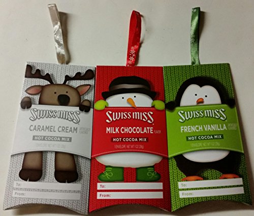 Swiss Miss Hot Cocoa Mix Christmas Gift Tag Ornament Bundle – 3 1 Ounce Packets – One Caramel Cream, One Milk Chocolate, One French Vanilla