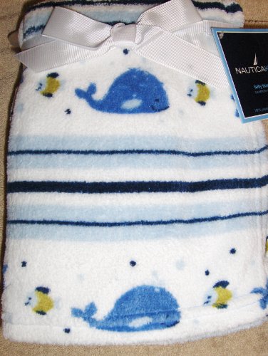 NAUTICA Kids Baby Boy Soft Plush Blanket Striped with Whales Fish and Star Fish