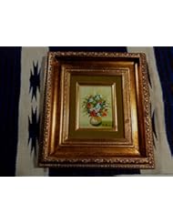 Single Detail Page Misc: V. Leroy Enamel on Copper Canvas Picture Nature Flowers in Vase Painting Signed Gold Frame