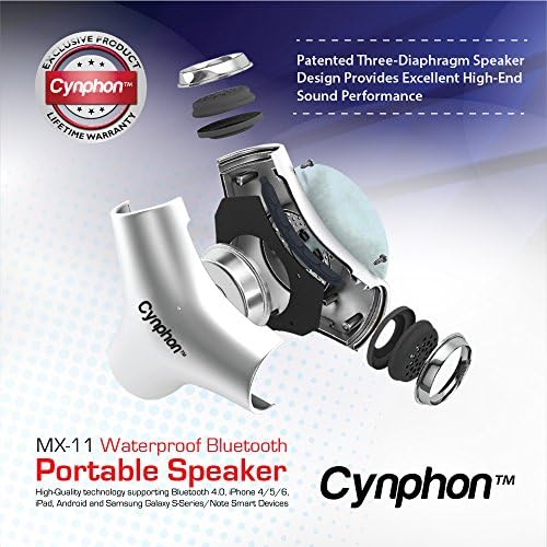 Waterproof Bluetooth Speaker - Portable Speaker System Supporting iPhone 4/5/6, Android, Samsung S-Series Smart Devices - Lifetime Money-Back Guarantee - The Cynphon MX-11 (Silver)
