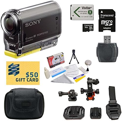 Sony HDR-AS30V HD Action Camcorder with Best Value Helmet Edition Accessory Kit Includes - 16GB Micro SD Card + Card Reader + High Capacity Li-ion Battery + Hard Shell Carrying Case + All-in-1 Helmet Kit + Lens Cleaning Kit including LCD Screen Protectors + $50 Photo Print Gift Card