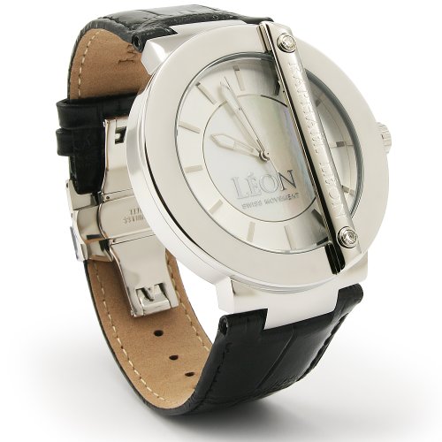 Raphael Leon Designer Timepiece - Mens Stainless Steel, Plated in 18K White Gold - 0.18ctw Diamond