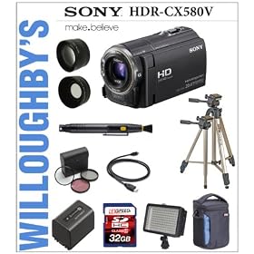 Sony HDR-CX580V High Definition Handycam Camcorder + Sony NP-FV70 Spare Battery + LEXSpeed 32GB SDHC Memory Card + LED Compact Video Light + Action Stabilizing ForeGrip Handle + 3pc Filter Kit + Wide Angle & Telephoto Lens Set + Sunpak Heavy Duty Mon-Tripod + Deluxe Camera Bag plus bonus Sunpak Sola