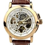 Orkina Mens Gold Case Transparent Dial Mechanical Leather Strap Wrist Watch MG015LGB