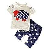 【SEBLES】ベビー 赤ちゃん 男の子 女の子 ユニセックス 半袖 ラウンドネック プリント 羊 無地 可愛い Tシャツ　ズボン ボトムス セット カジュアル コットン 綿(ネイビー,100cm)