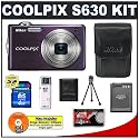 Nikon Coolpix S630 12 Megapixel Digital Camera (Royal Purple) with 7x Optical Zoom + EN-EL12 Battery + 4GB Card + Leather Case + Accessory Kit