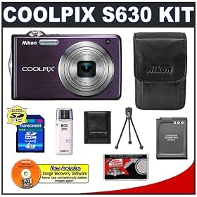 Nikon Coolpix S630 12 Megapixel Digital Camera (Royal Purple) with 7x Optical Zoom + EN-EL12 Battery + 4GB Card + Leather Case + Accessory Kit