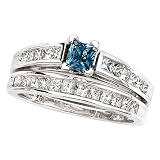 14K White Gold 1 ct. Princess Cut Diamond Engagement Set with Blue Center Diamond