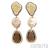 LEADERLINE Made in Italy Charming Brand New Earrings With 20.85ctw Precious Stones - Genuine Clean Diamonds, 18 mm Freshwater Pearls and Topazes Beautifully Designed in 18K Yellow Gold and Beige Ivory. Total item weight 29.5g Length 83mm