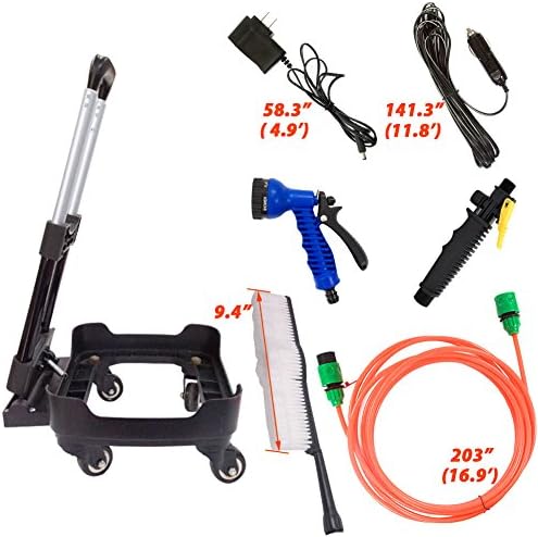 Kowloon Portable Pressure Washer System for Car Wash, 110v DC + 12v AC, 5 Gallon 45w MAX 100 PSI Pump, Long Brush + High pressure sprayer, Red