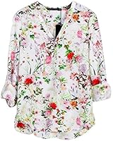 Womdee Womens V-neck Floral Print Loose Chiffon Shirt Blouse Tops With Womdee Accessory