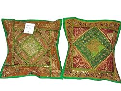 2 Green Gold Zardozi Indian Sari Throw Pillow Cushion Covers 16x16