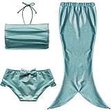 iEFiEL Girls 3pcs Swimmable Princess Mermaid Swimsuit Open Tail Hair Band (9-10, Ruched Top Blue)