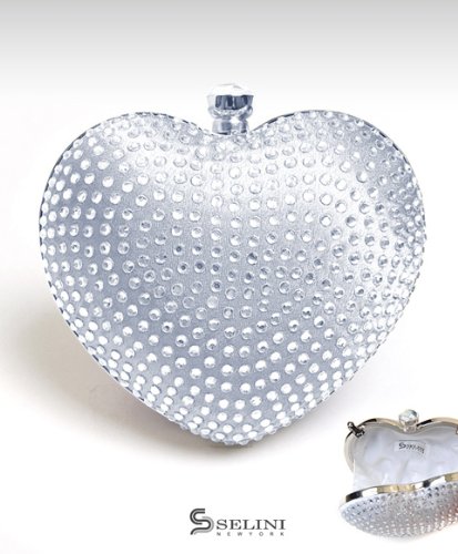 BG Crystal on heart Clutch Evening Bag, silver