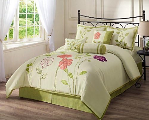 7pcs Applique Purple Pink Floral Green Leaf Ivory Duvet Cover Set King