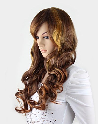 WY Blue Sky Women 22inch Brown Yellow Highlights Two Tone Long Full Loose Big Curly Wave Layered Medium Side Swept Bangs Fringe Synthetic Cosplay Costume Wig Party Wig Fabulous + Free Wig Cap