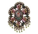 Michal Negrin Majestic Brooch Designed with a Central Gothic Roses Oval Shaped Cameo, Surrounded by Hand Painted Flowers and Brass Ornaments, Accented with Fuchsia, Green and Light Gray Swarovski Crystals and Dangle Glass Beads; Hand-made in Israel - Special Ordered and Shipped by Genuvo within 2 to 3 Weeks