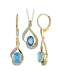 14k Gold Dangle Earrings (19mm tall) & 18 in. Pendant-Necklace Set, w/ 0.20 Carat Brilliant Cut Diamonds & 3.64 Carats Oval Cut (7x5mm) Blue Topaz Stones