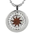 Stainless Steel Natural Redwood Cubic Zirconia Spike Wheel Medallion Pendant Necklace