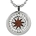 Stainless Steel Natural Redwood Cubic Zirconia Spike Wheel Medallion Pendant Necklace