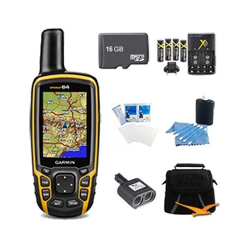 GPSMAP 64, Worldwide Handheld GPS Navigator 16GB Accessory Bundle. Bundle Includes GPSMAP 64 GPS, 16GB Micro SD Card, AA Charger w/ 4 AA Batteries, Deluxe Gadget Bag, Cigarette Lighter Adapter, Cleaning Kit, and Screen Protectors for LCD's.