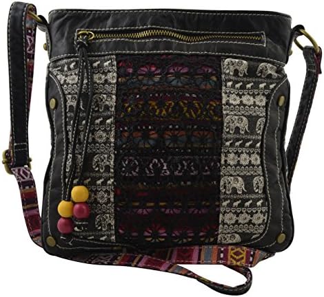 Women's / Girls Cross Body Bag Aztec Elephant Print & Lace Cut Purse (Black)