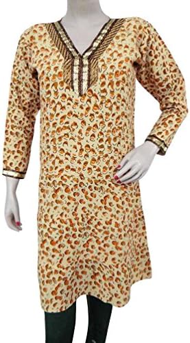 Beige Georgette Kurti Abstract Pattern Summer Beach Wear Dress With Defect Sz M
