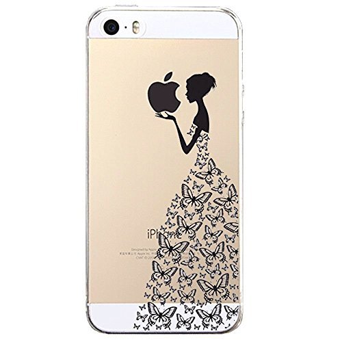 iPhone SE Case, JAHOLAN Beautiful Clear TPU Soft Case Rubber Silicone Skin Cover for iPhone 5/5S/SE - Black Beautiful Butterfly Girl