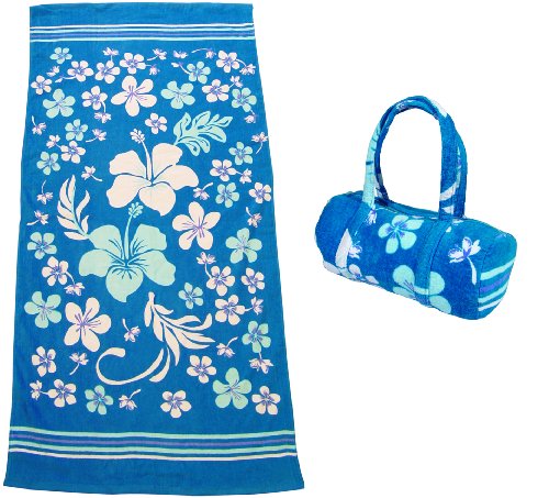 Strandtuch Set, Frottee Badetuch mit passender Frottee Tasche, blue combo