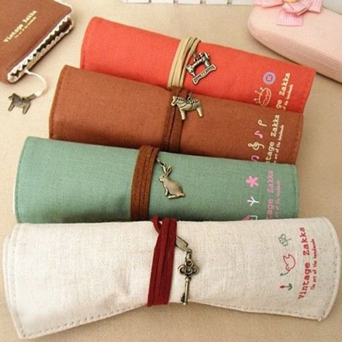 KINGSO Canvas Wrap Roll Up Stationery Pen Brushes Makeup Pencil Case Pouch Bag Holder,Coffee