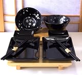 Sushi & bowl set plum blossom & black with spoons for two