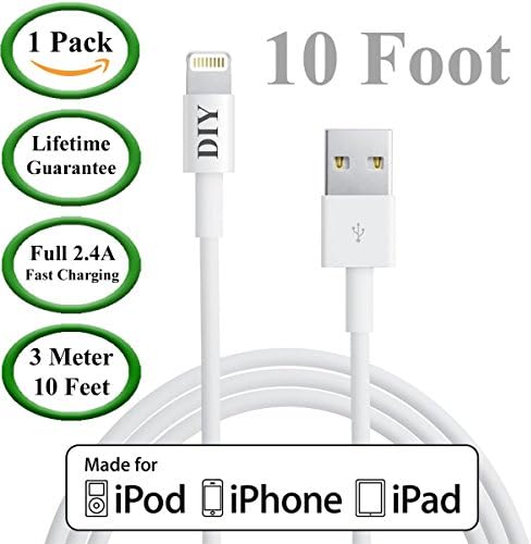 Cell Phone DIY [Apple MFI Certified] (1 Pack) Lightning to USB 2.0 Cable ( Extra Long - 10 Feet / 3 Meters) iPhone 6 Charger Cord, for iPhone 5 onwards / iPad Air, Mini 2 / iPod Nano &amp; Touch.