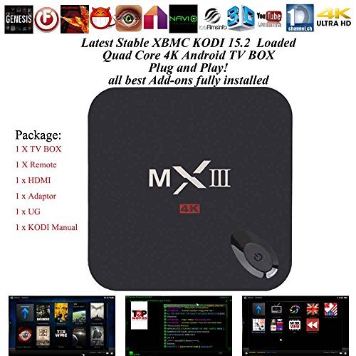 Kukele@ Amlogic S802 MX3 XBMC Kodi Helix 14 Addons Fully Loaded 8gb ROM Quad Core 4k Google Android 4.4 Kitkat Smart IPTV TV BOX Mini PC Internet Streaming Media Pre-loaded Player & XBMC Kodi Guide & Apps (Showbox, HD-Cinema, Mobdro etc) Installed & KODI KEY