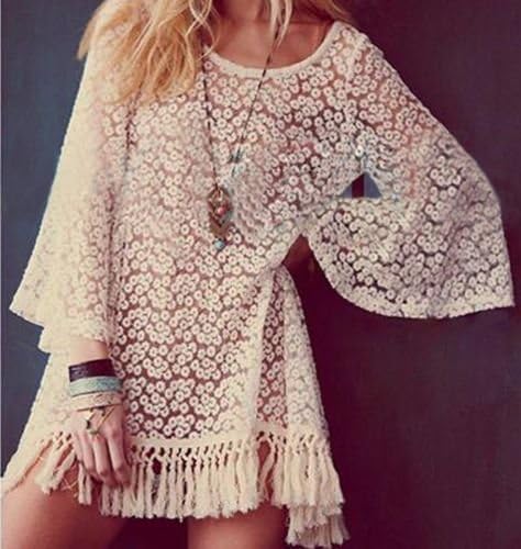 Lamystere Sexy Lace Mini Dress Tops Vintage Hippie Boho Bell Sleeves Gypsy Festival Fringe Lace Hollow Dress